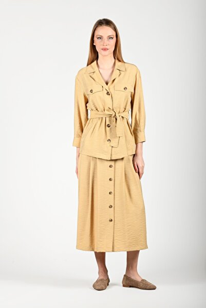 la luce Bej Kobe Önü Düğmeli Midi Etek - LD58