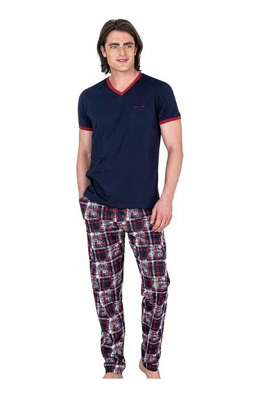 Pierre Cardin 6046 Men's Short Sleeve Combed Cotton Pajama Set-navy blue