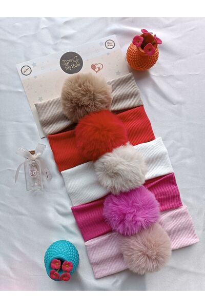 MyHubi 5-Piece Combination (Boxed) Handmade Baby Girl Rabbit Hair Pompom Bandana