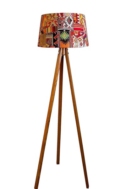 Lambada Beta Serisi Masif 3 Ayaklı Lambader Tripod (Kilim Desen- Açık Ceviz)