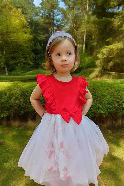 dinamik çocuk Floral Patterned Baby Girl Dress with Bow Sleeveless Tutu Skirt - Princess Birthday