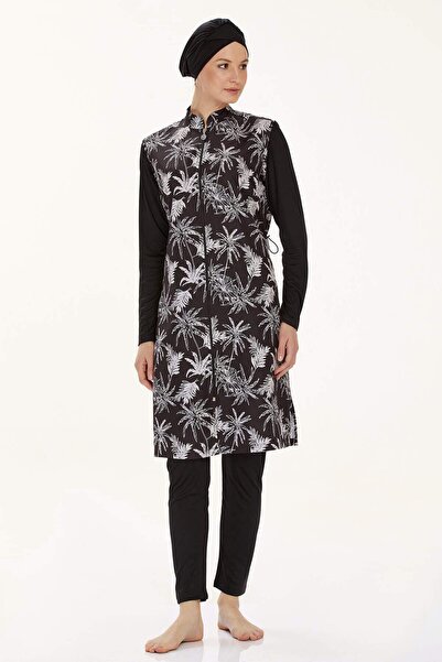 MEBA Μαύρο μαγιό Rozamay Hijab με μοτίβο παλάμης - Μακρύ μανίκι, φερμουάρ, πλήρως κλειστό 9269