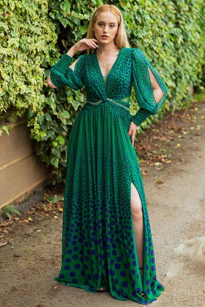 SpringStore Rochie de seară lungă, transparentă, de culoare smarald