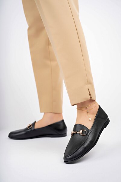 Deripabuc Genuine Leather Printed Black Women's Leather Ballerinas PCC-F03