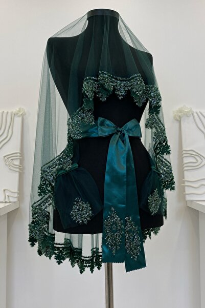 ZEYMERADE Zümrüt Yeşili Gelin Duvak Seti, Cam Boncuk ve Pul Baskılı Kına Duva...