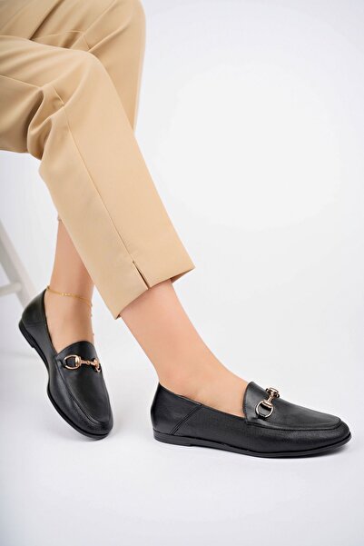 Deripabuc Genuine Leather Printed Black Women's Leather Ballerinas PCC-F03