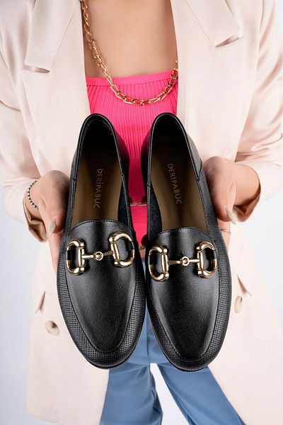 Deripabuc Genuine Leather Printed Black Women's Leather Loafer Pcc-f07