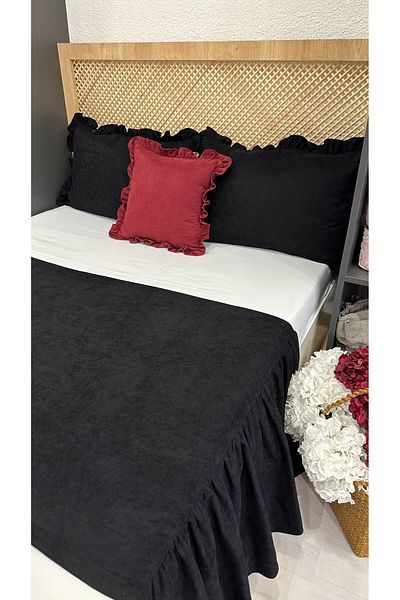 Decamor home Miya Vintage 3-Piece Black Frilly Double Bed Runner Set
