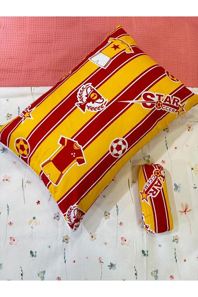 ŞENER HOME Yellow-Red Fan Patterned Children's Sheet Pillowcase - Elastic, Single, 100x200 Cm