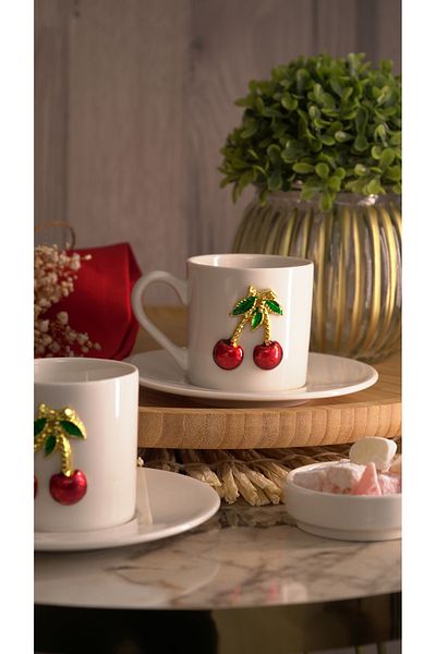Kitchen Life 4 Pieces 2 Person Porcelain Cherry Coffee Cup Set 100ml - Cherry Coffee Cup