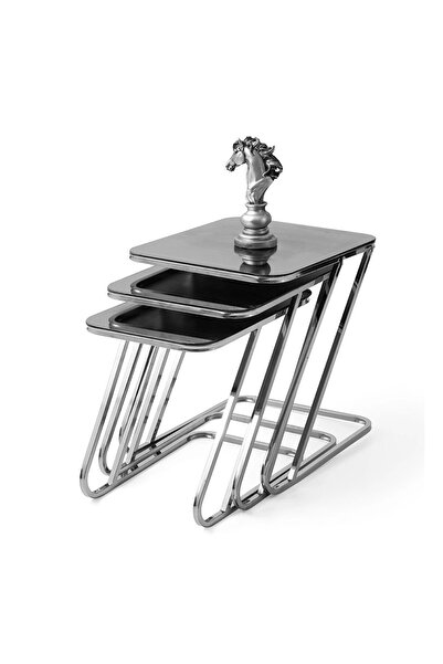 Evistro Dikdörtgen Cam Zigon Sehpa 3 lü Krom Kaplama Füme Cam