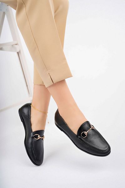 Deripabuc Genuine Leather Printed Black Women's Leather Ballerinas PCC-F03