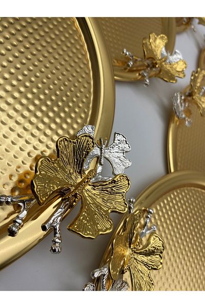 Fiyakalı Ürünler Atölyesi Gold Colored 6-Piece Butterfly Patterned Round Presentation Tray - Single, 22cm Decorative Serving Tray