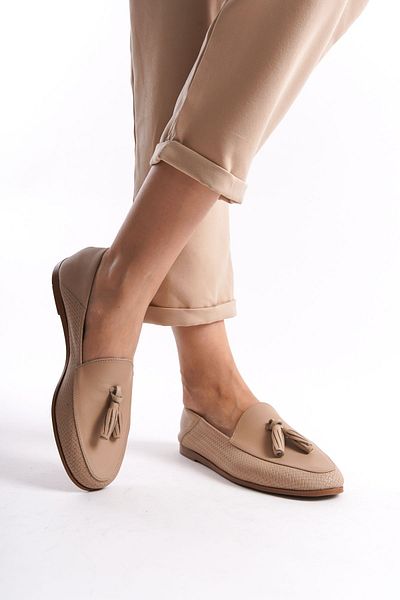 Deripabuc Genuine Leather Beige Print 2 Women's Leather Loafer Pcc-f06