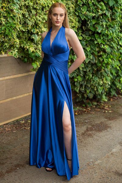 SpringStore Rochie de seara indigo din satin tricotat plisat