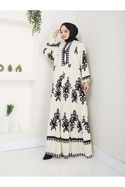 MODAMERSİ Ecru Viscose Patterned Women's Dress