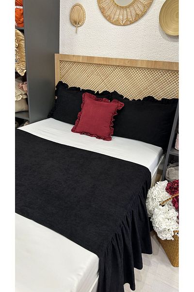 Decamor home Miya Vintage 3-Piece Black Frilly Double Bed Runner Set