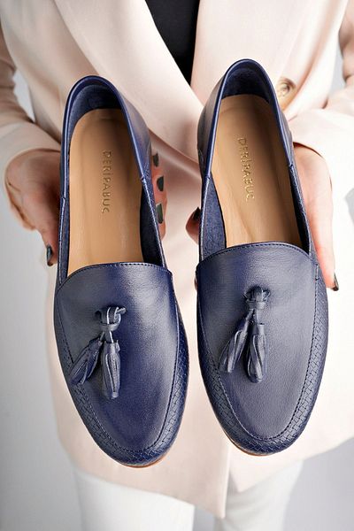 Deripabuc Genuine Leather Navy Blue Print 2 Women's Leather Loafer Pcc-f06