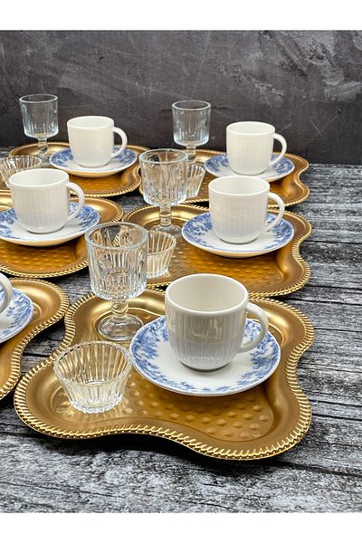 YzHome Luxury Porcelen Coffee Cup Set for 6 People - Side Cup and Presentation Tray 30 Pieces
