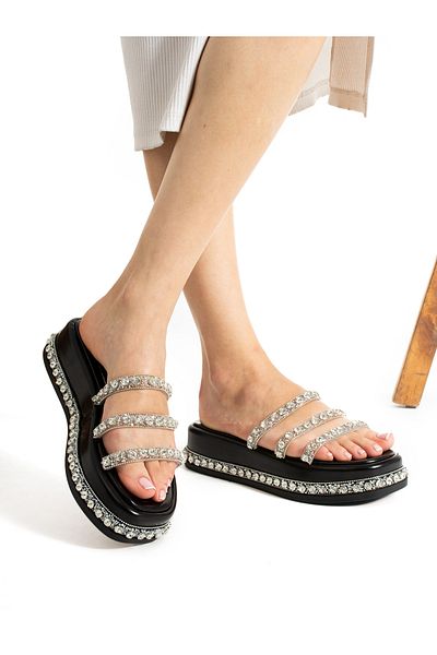 Alemdar Shoes Black Stone Detailed SLAY Women's Slippers