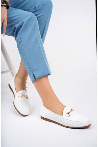 Deripabuc Genuine Leather White Print Women's Leather Loafer Pcc-f05