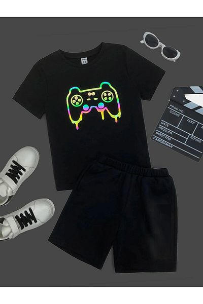 DAXİS Sportwear Company Combinație de tricou și pantaloni scurți unisex cu imprimeu colorat pentru copii - Set de costum de sus și de jos