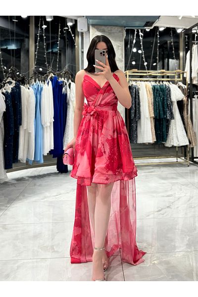 missswans Fuchsia Melena Chiffon Mini Dress - Flared Skirt and Tail Detail