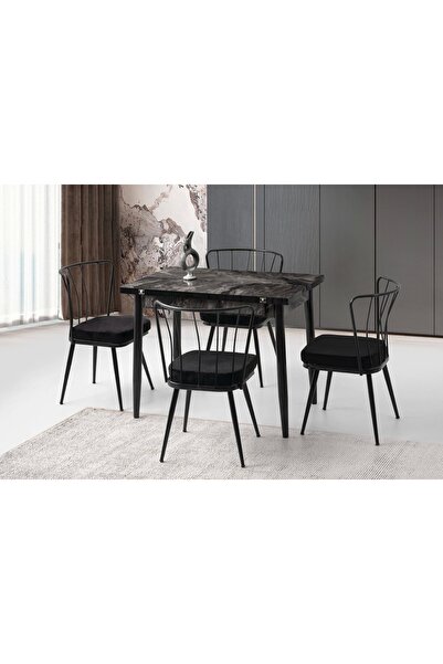 Evistro Yanlardan Açılır Ahşap Masa Sandalye Takımı 4 Sandalyeli Metal Ayaklı...