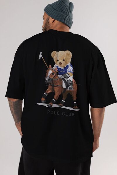 Ankhises Teddy Bear Polo Club Spate Imprimat Negru Bărbați Femei Tricou oversize cu gât