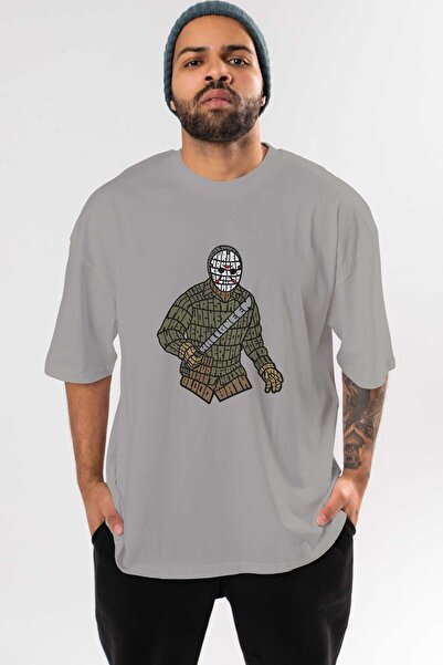 Ankhises Tricou supradimensionat gri cu imprimeu Jason în față, unisex, bărbați, femei, cu decolteu