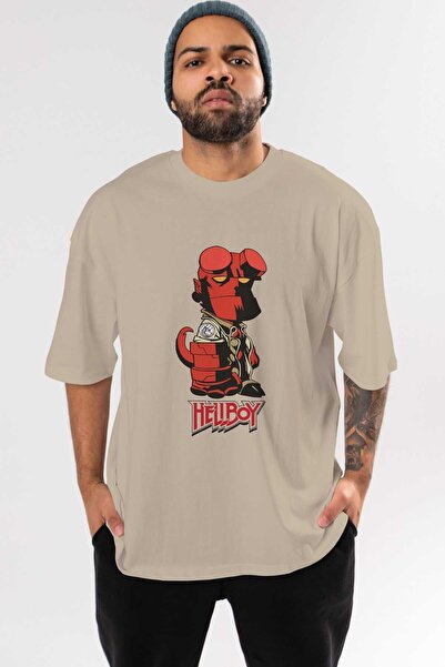 Ankhises Hellboy (1) Tricou oversize bej cu imprimeu în față - Bumbac cu guler rotund Bărbați Femei
