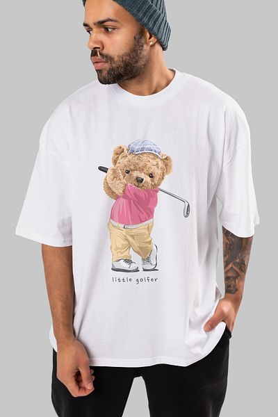 Ankhises Teddy Bear Little Golfer Imprimat în față Tricou alb oversize Bărbați Femei Gât crew