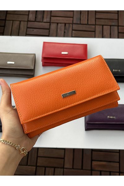 DERKON Genuine Leather Double Cover Useful Women's Wallet Orange