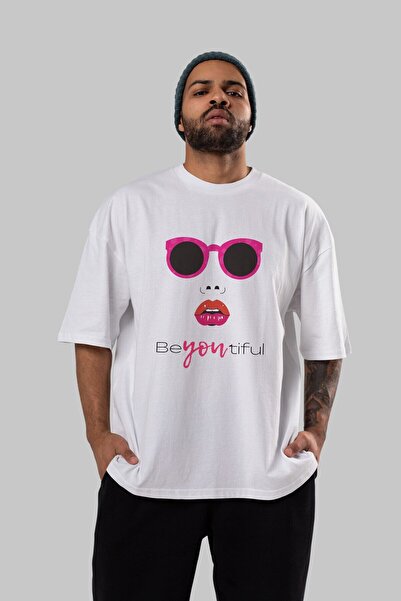 Ankhises Prelepa ženstvena prednja strana Štampano Bela Oversize kroj T-shirt...