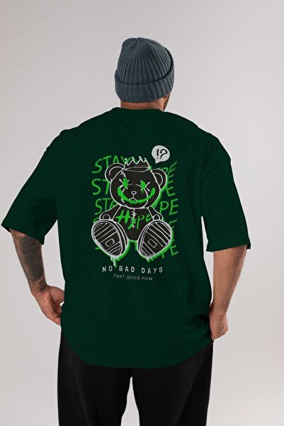 Ankhises Stay Hype Bear Back Štampano Emerald Green Oversize kroj T-shirt Muš...