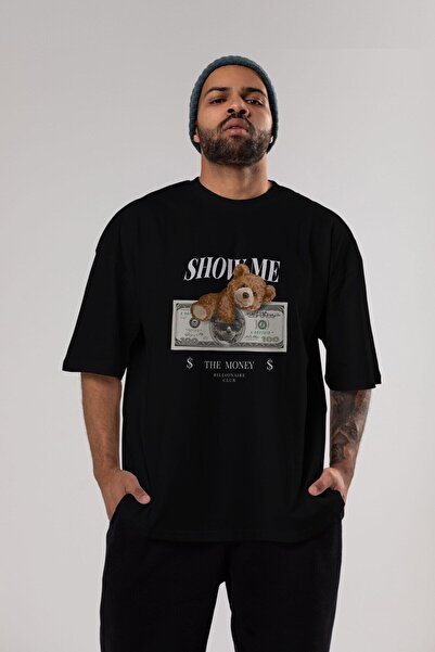 Ankhises Teddy Bear The Money Tricou negru supradimensionat cu imprimeu în fa...