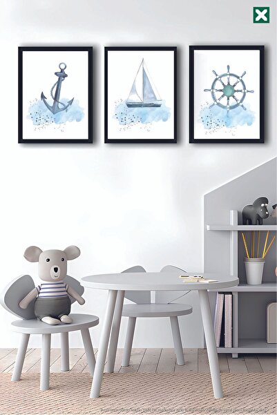 TABLOX Denizcilik Temalı 3’lü Çerçeve Görünümlü Modern MDF Tablo Seti – Bebek...