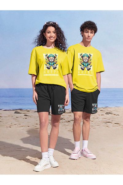 DogFish MoneyComesInImHappy Printed - Lover Couple Combination Oversize Yellow T-Shirt