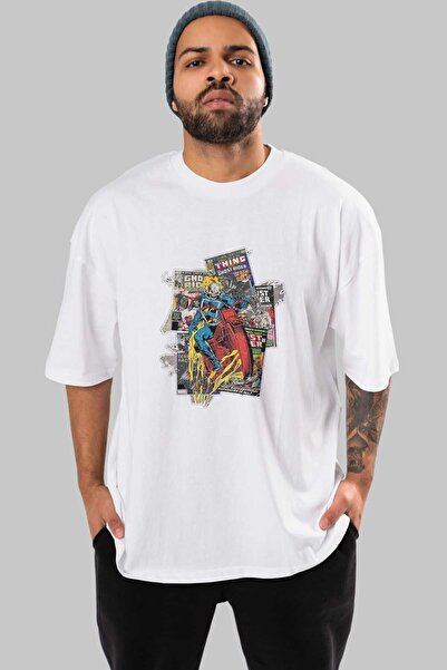 Ankhises Tricou supradimensionat alb Ghost Rider - Decolteu Crew, bărbați Femei