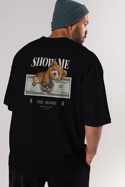 Ankhises Teddy Bear The Money Back Printed Negru Bărbați Femei Tricou oversize cu gât turnat