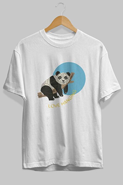 Ankhises Panda Love Viseći Prednji Štampano Beli Oversize kroj T-shirt Muškar...