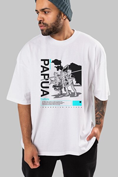 Ankhises Papua Culture Front Štampano Belo Oversize kroj T-shirt Unisex Muška...