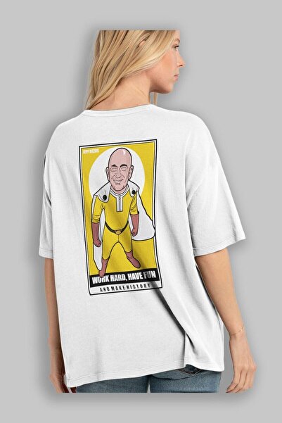 Ankhises Džef Bezos Saitama Štampano Bela Oversize kroj T-shirt - Unisex Mušk...