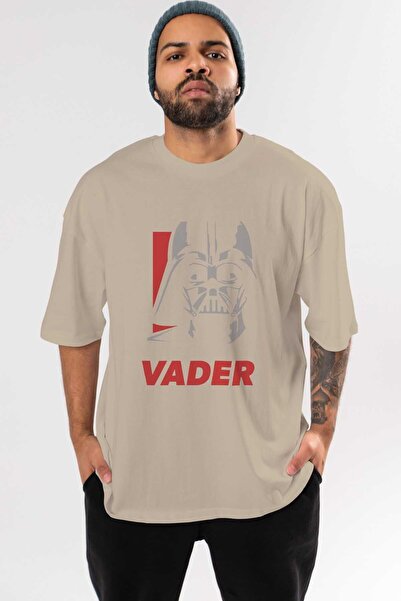 Ankhises Bež Oversize kroj Darth Vader Štampano Pamuk T-shirt - okrugla kragna