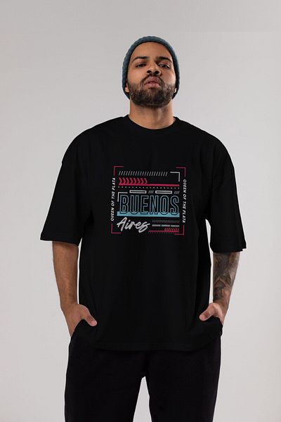 Ankhises Tricou supradimensionat negru cu imprimeu Buenos Aires - Unisex Bărbați, Femei, cu gât crew