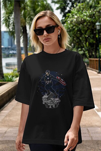 Ankhises CAPTAIN AMERICA Front Printed Black Oversize T-shirt Unisex Men's Women's Crew Neck