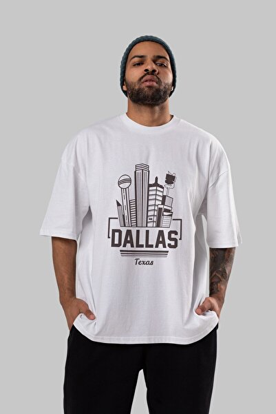 Ankhises Dallas Front Štampano Bela Oversize kroj T-shirt Unisex Muškarci Žen...