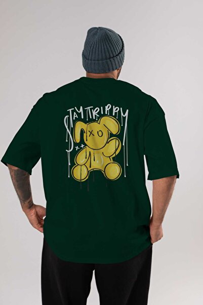 Ankhises Stay Trippy Bear Back Štampano Emerald Green Oversize kroj T-shirt M...