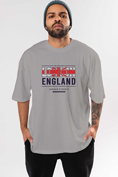 Ankhises تي شيرت رمادي كبير الحجم مطبوع من الأمام من لندن إنجلاند للجنسين للرجال والنساء برقبة دائرية