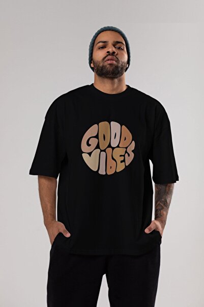 Ankhises Tricou supradimensionat negru cu imprimeu Good Vibes, unisex, pentru bărbați, pentru femei, cu decolteu